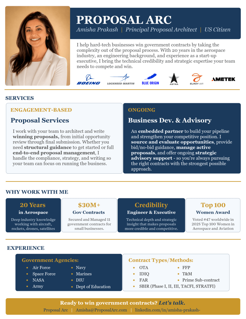 This image is a capability statement (or one-pager) for Amisha Prakash from Proposal Arc. 